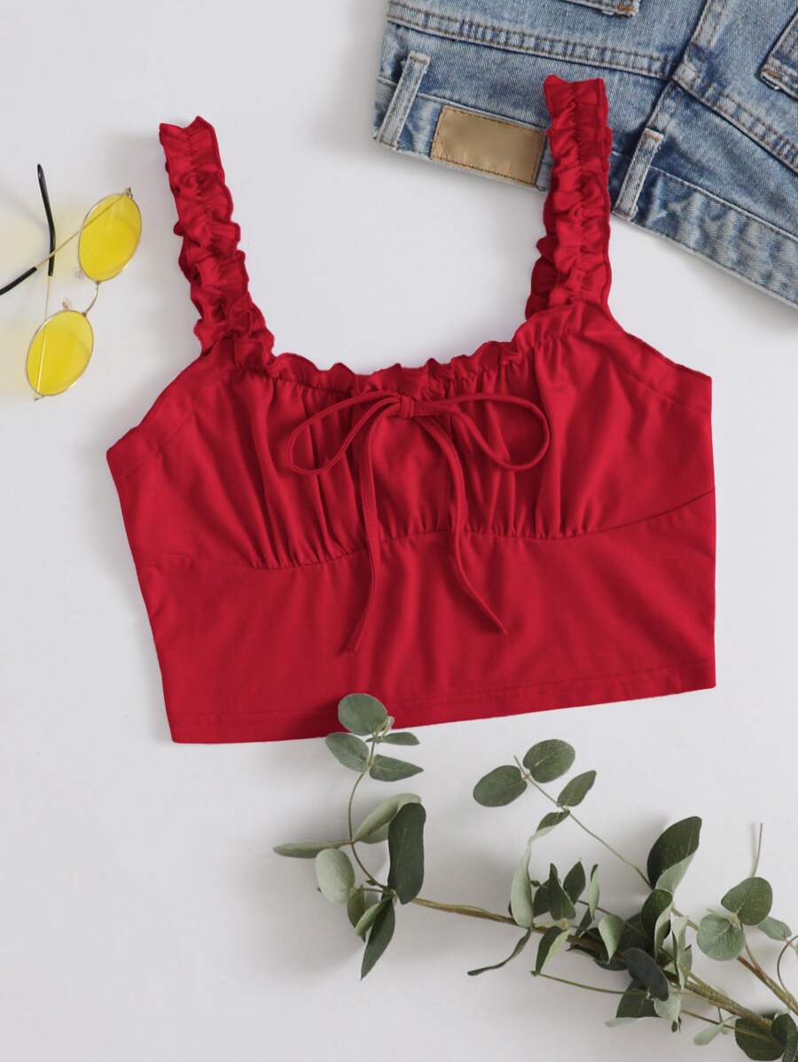 Muchica Frill Trim Tie Front Ruched Bust Top - Red - View 1