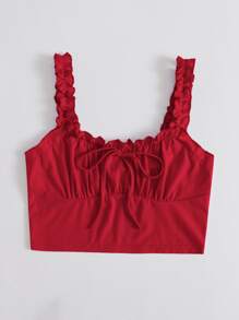 Muchica Frill Trim Tie Front Ruched Bust Top - Red - View 3