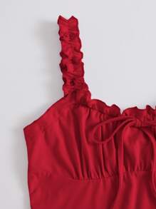 Muchica Frill Trim Tie Front Ruched Bust Top - Red - View 4