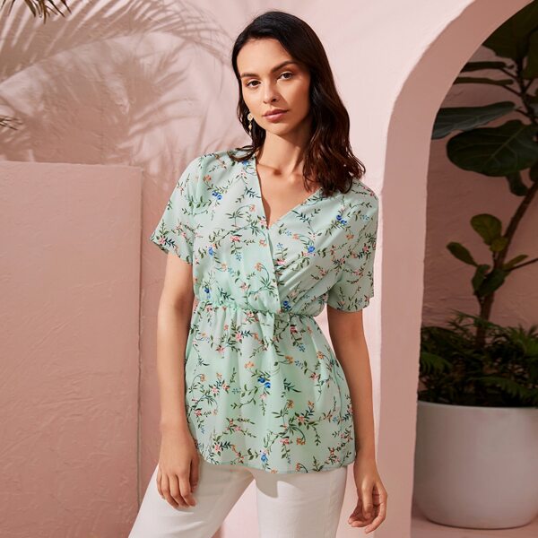 

Plants Print Surplice Neck Peplum Blouse, Mint green