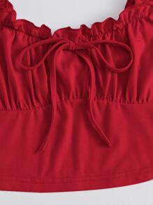 Muchica Frill Trim Tie Front Ruched Bust Top - Red - View 5