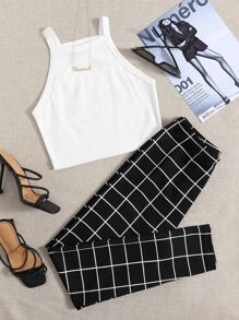 SHEIN Essnce Crop Cami Top & Grid Leggings Set - Black and White - View 1