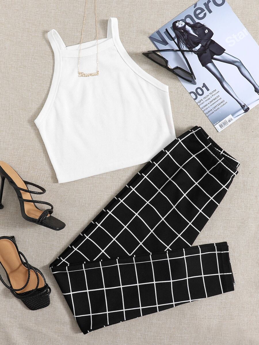 SHEIN Essnce Crop Cami Top & Grid Leggings Set - Black and White - View 1
