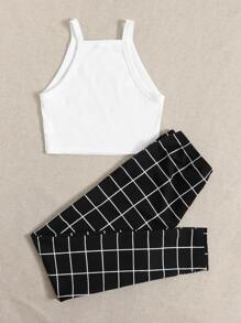 SHEIN Essnce Crop Cami Top & Grid Leggings Set - Black and White - View 2