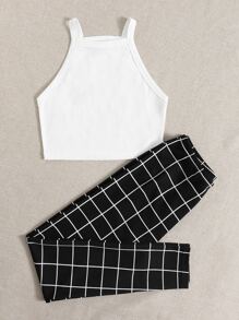 SHEIN Essnce Crop Cami Top & Grid Leggings Set - Black and White - View 4