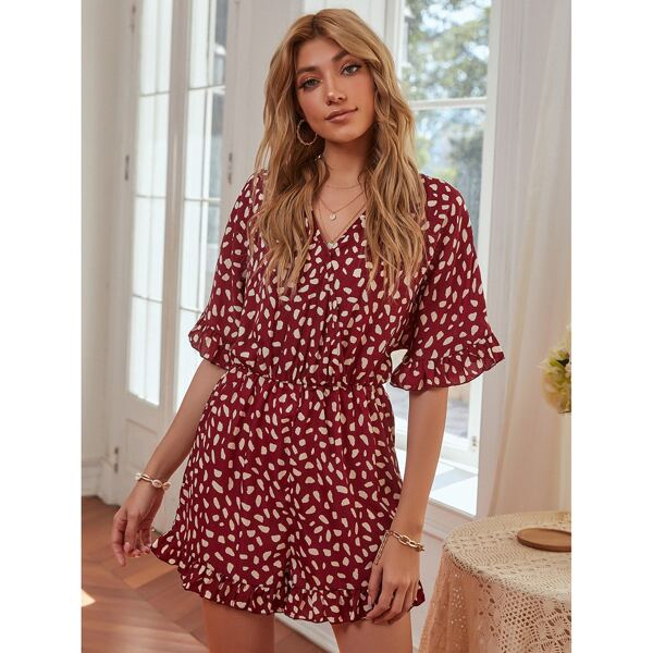 

Surplice Neck Bell Sleeve Allover Print Romper, Burgundy