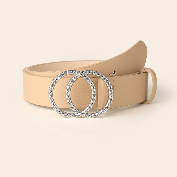 

Rhinestone Decor Double Ring Buckle Belt, Apricot