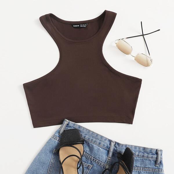 

Solid Crop Slim Tank Top, Chocolate brown