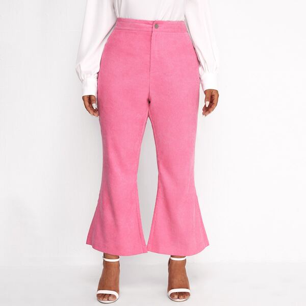 

Plus Corduroy Solid Flare Leg Pants, Pink