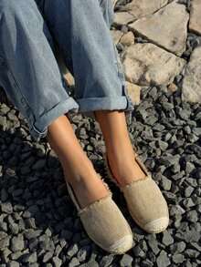 Zapatillas alpargata con estampado de lino - Caqui - Ver 2