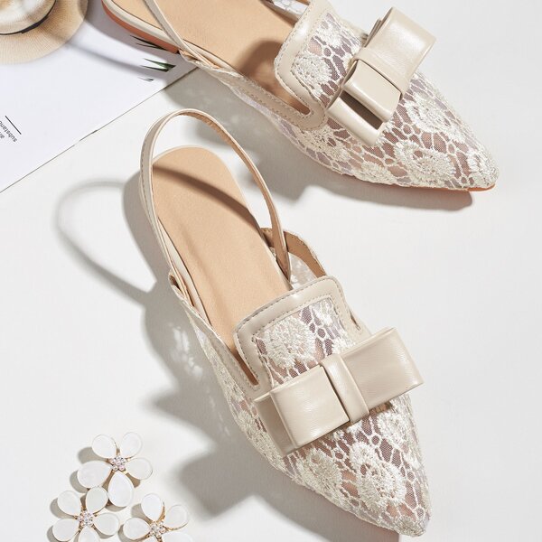 

Bow Decor Mesh Panel Slingback Flats, Beige
