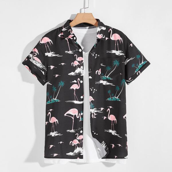 

Men Tropical And Flamingo Print Shirt, Black
