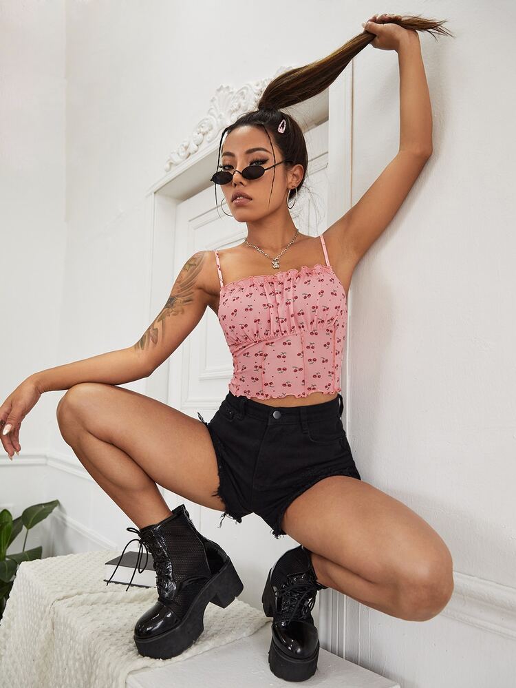 SHEIN Allover Cherry Print Frill Detail Ruched Bust Mesh Crop Cami Top - Multicolor - View 5