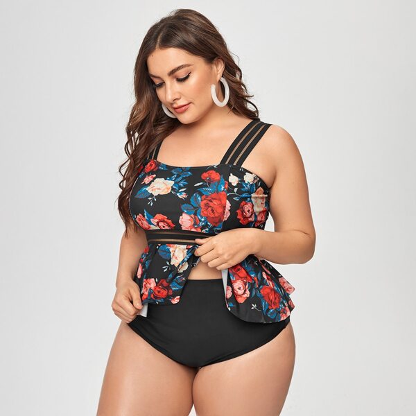 

Plus Floral Ruffle Hem Bikini Swimsuit, Multicolor
