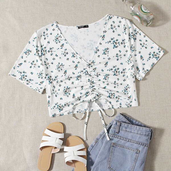 

Plus Floral Print Drawstring Rib Crop Tee, Multicolor