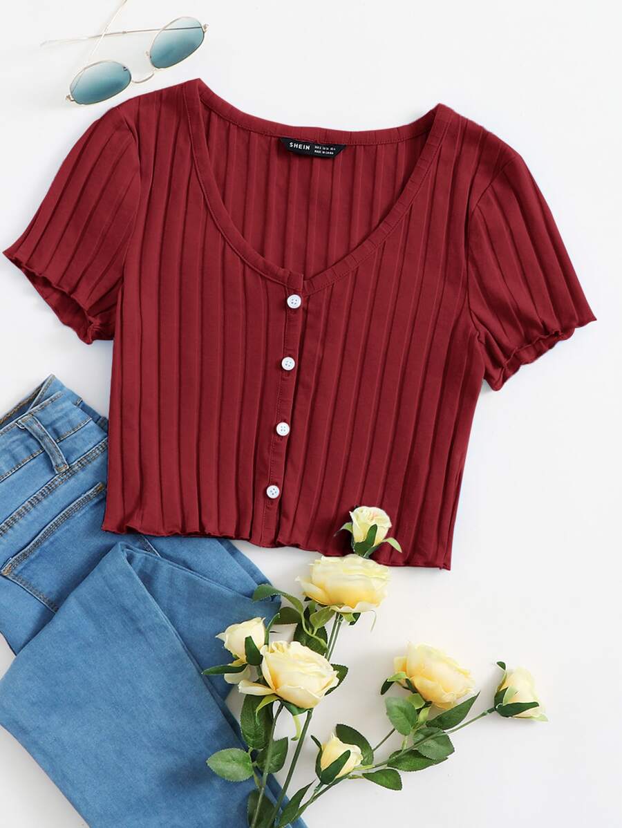 SHEIN Qutie Button Up Rib-knit Crop Top - Burgundy - View 1