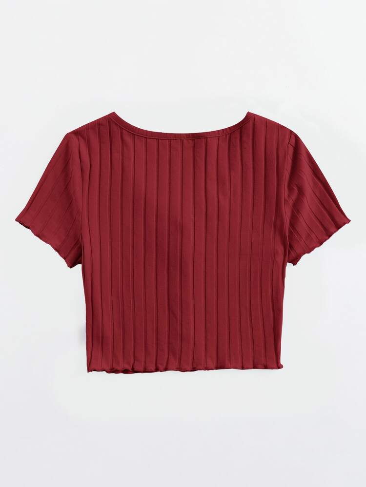SHEIN Qutie Button Up Rib-knit Crop Top - Burgundy - View 2