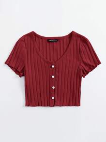SHEIN Qutie Button Up Rib-knit Crop Top - Burgundy - View 3