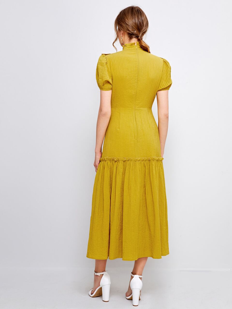 Ruffle Trim Fold Pleated Yoke Dress
