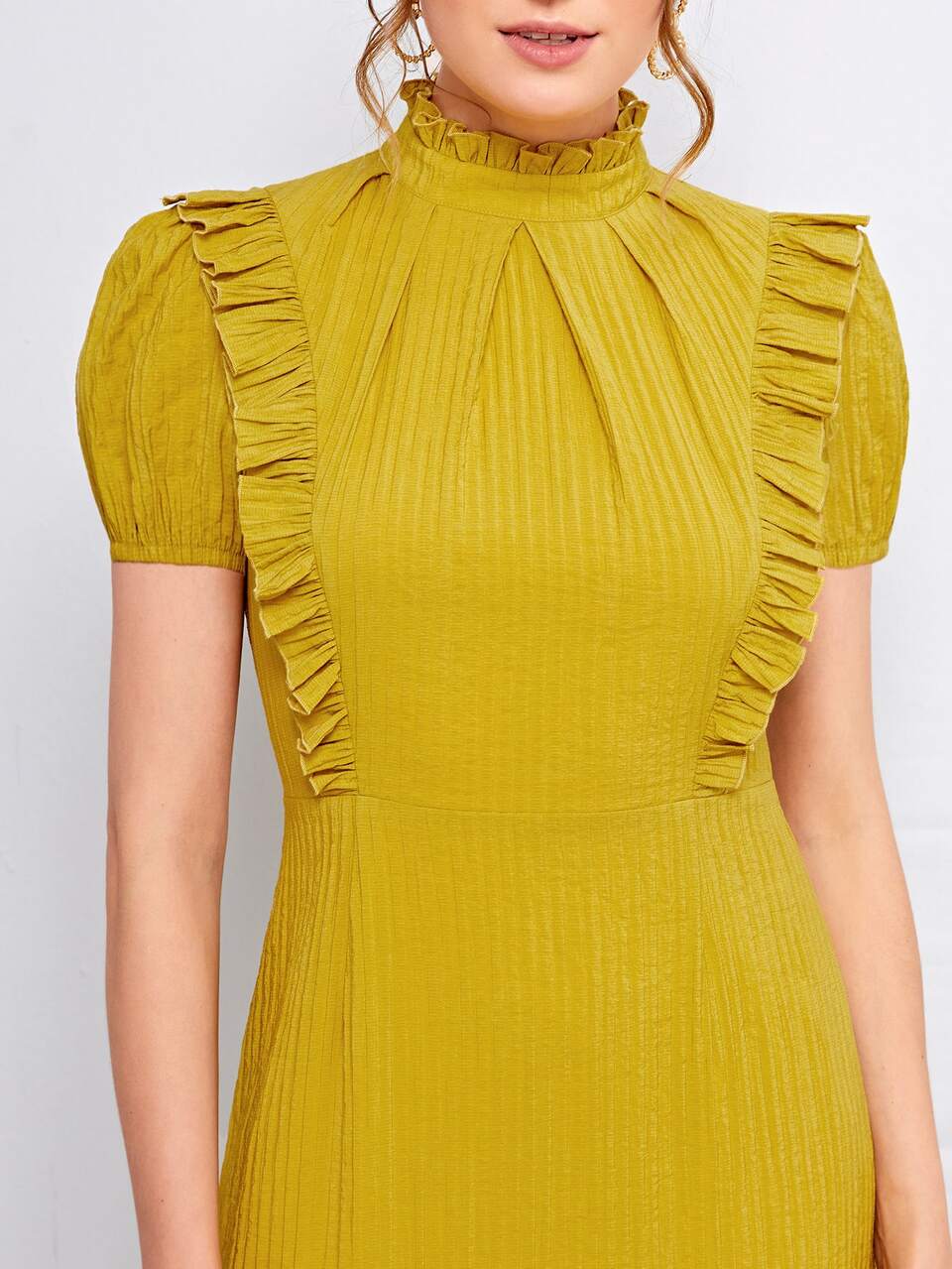 Ruffle Trim Fold Pleated Yoke Dress