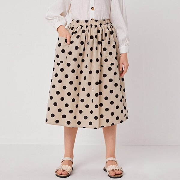 

Girls Pocket Front Polka Dot Skirt, Khaki