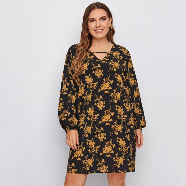 

Plus Allover Floral Print Bishop Sleeve Tunic Dress, Multicolor