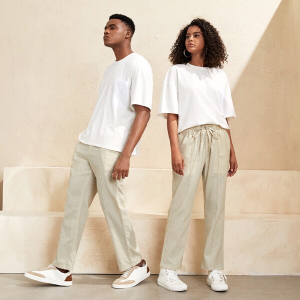 

Drawstring Waist Pocket Pants, Apricot