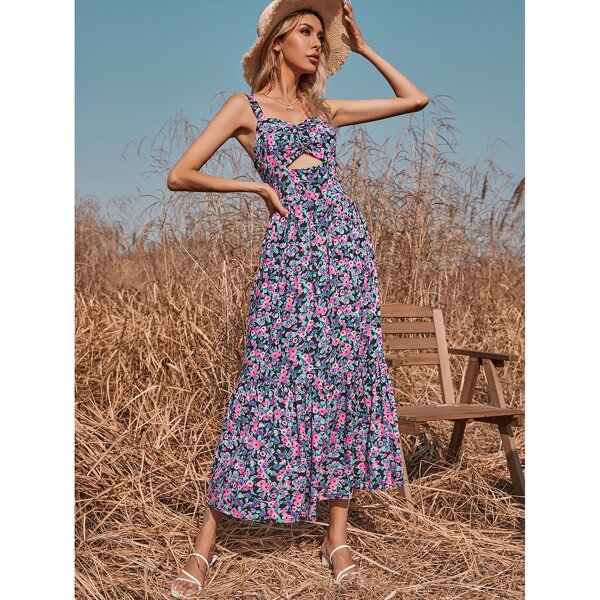 

Allover Floral Print Peekaboo Shirred Back Cami Dress, Multicolor