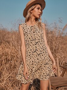 繫帶領紐扣無袖連衣裙 - 卡其色 - 查看 3