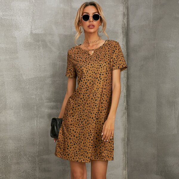 

Keyhole Neck Dalmatian Print Dress, Brown