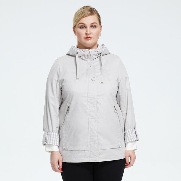 

Astrid Plus Zip & Button Front Drawstring Hooded Coat, Light grey