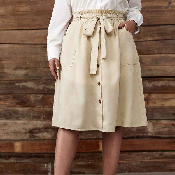 

Plus Paper Bag Button Front Skirt With Belt, Apricot