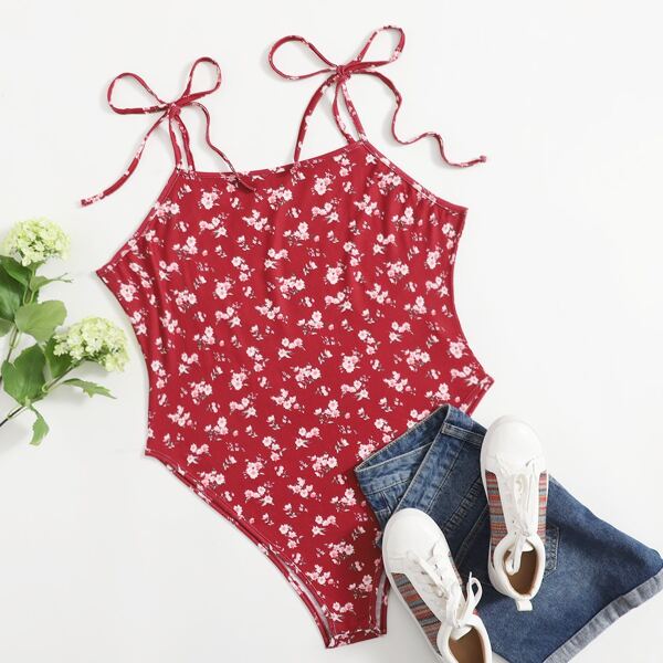 

Plus Ditsy Floral Tie Shoulder Cami Bodysuit, Burgundy