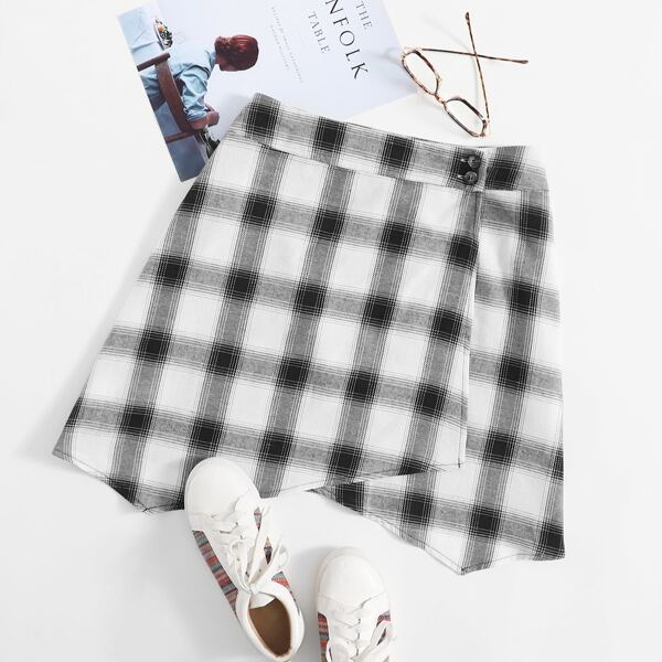 

Plus Plaid Print Asymmetrical Hem Skirt, Black and white