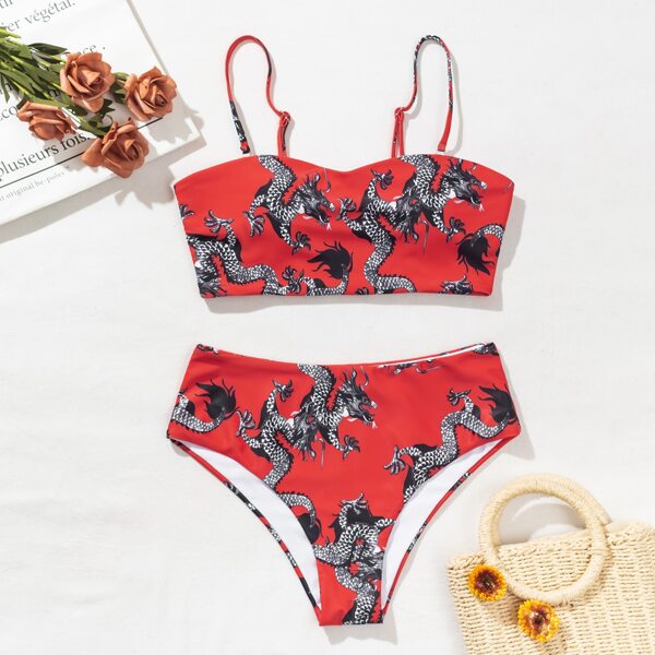 

Chinese Dragon Print Bikini Swimsuit, Multicolor