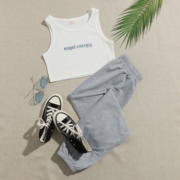 

Plus Letter Embroidery Crop Tank Top With Sweatpants, Multicolor