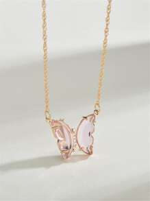 Butterfly Charm Necklace - Pink - View 1