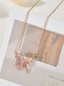 Butterfly Charm Necklace - Pink - View 2