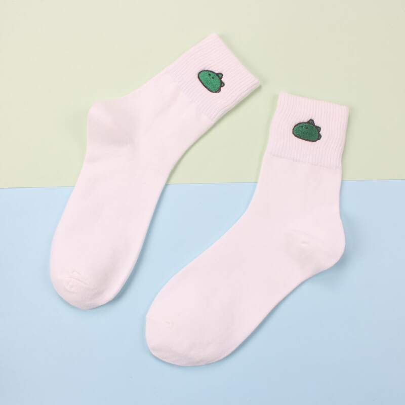 

Dinosaur Embroidery Crew Socks, White