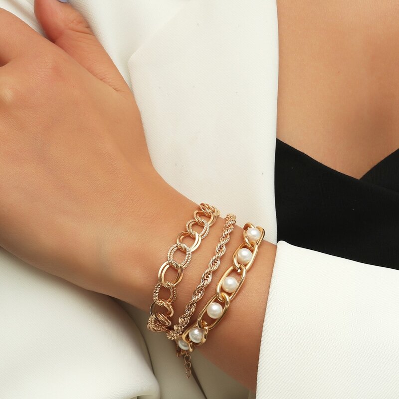 

3pcs Faux Pearl Chain Bracelet, Gold