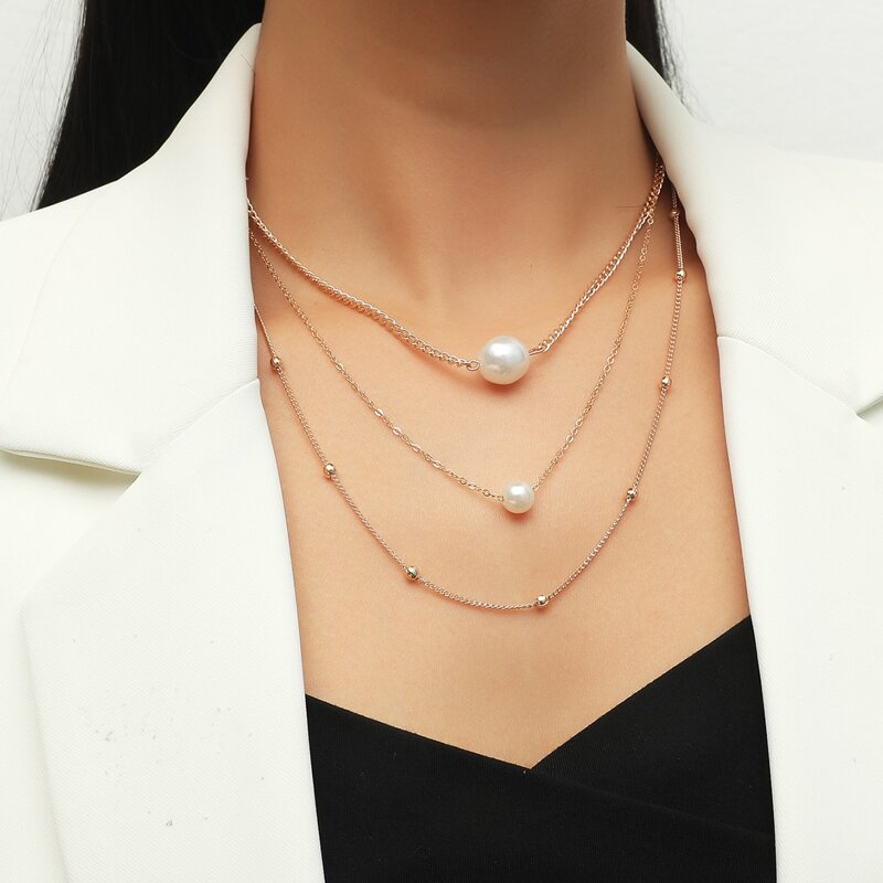 

3pcs Faux Pearl Charm Necklace, Gold