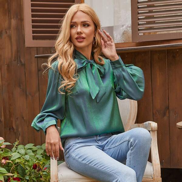 

Tie Neck Puff Sleeve Satin Blouse, Green
