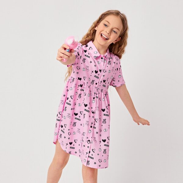 

Girls Collared Buttoned Front Allover Print Dress, Pink