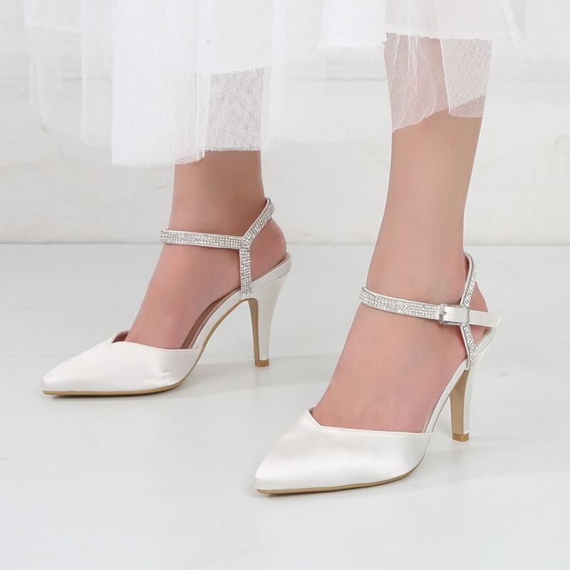 

Rhinestone Decor Two Part Ankle Strap Pumps, White