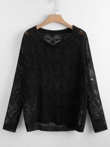 SHEIN LUNE Plus Pointelle Knit Solid Drop Shoulder Jumper - Black - View 1