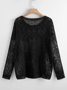 SHEIN LUNE Plus Pointelle Knit Solid Drop Shoulder Jumper - Black - View 2