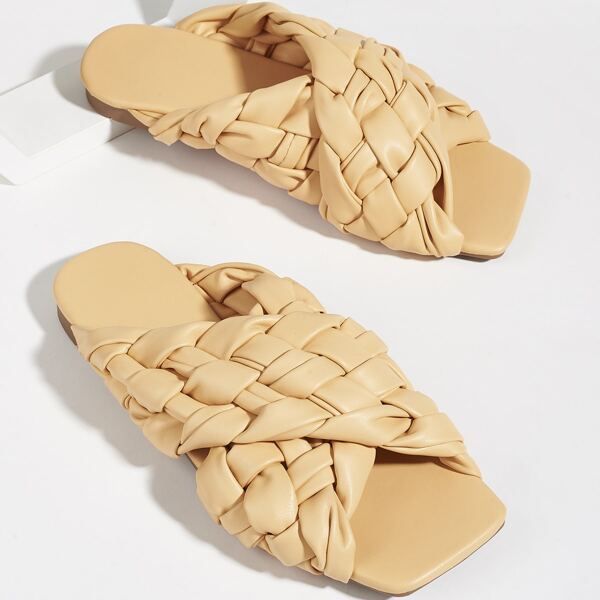 

Braided Design Cross Strap Slide Sandals, Yellow