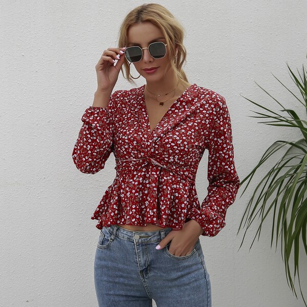 

Allover Floral Print Twist Bust Smock Blouse, Burgundy