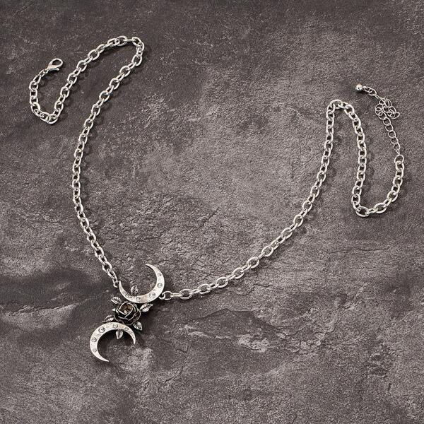 

Men Moon & Flower Pendant Necklace, Antique silver