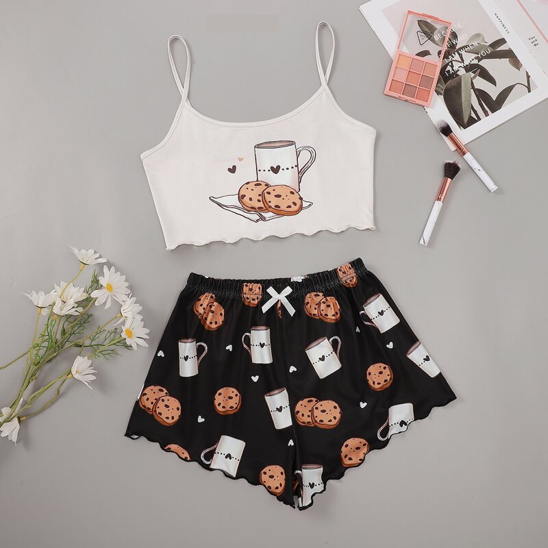 

Cup & Heart Print Bow Pajama Set, Multicolor